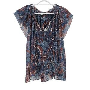 Ulla Johnson Blouse Multicolor Sheer Floral Print Ruffles Flutter Sleeve Size 6